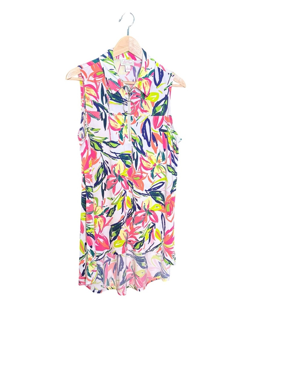 Ivy Road Sleeveless Colorful Tropical Floral High Low Print 3/4 Zip Resortwear L